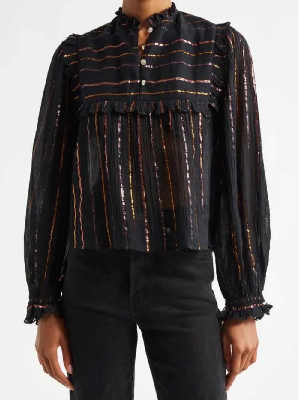 FARM Rio Black Metallic Stripe Ruffle-Yoke Blouse